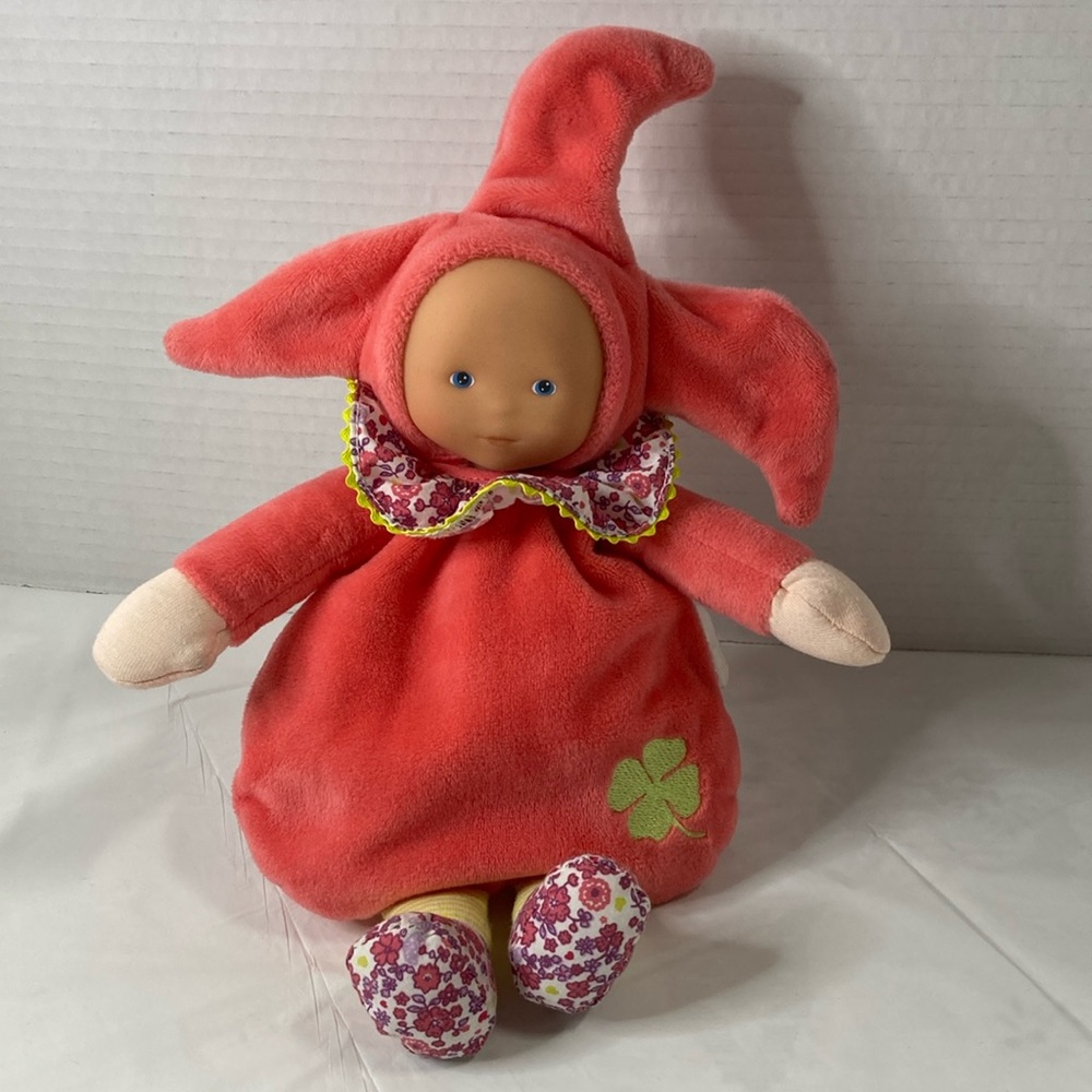 Corolle Elf Doll Baby Lovey Plush Pink Velour Lucky Shamrock Rattle Rubber Face